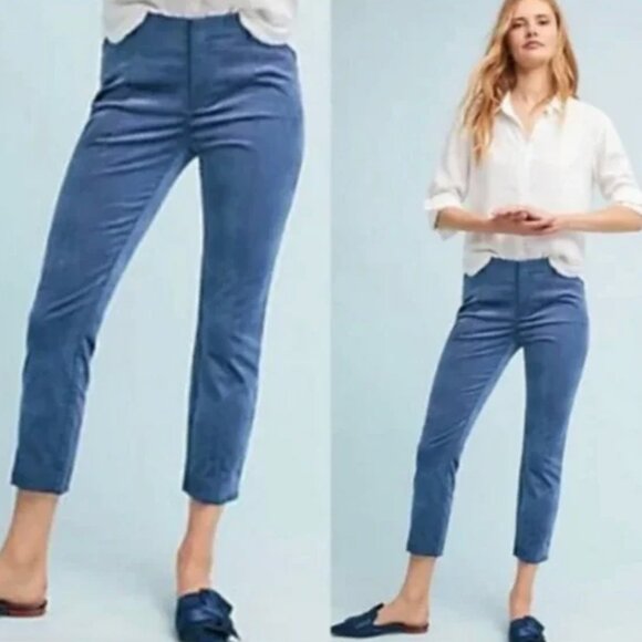 Anthropologie The Essential Slim Velvet Blue Cropped Pants - Size 12 - Picture 1 of 7